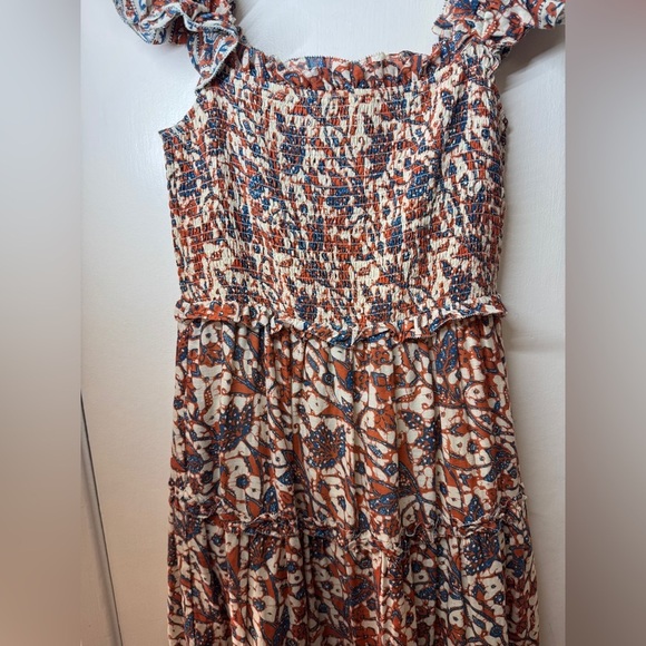 Love the Label Floral Paisley Smocked Tiered Ruffle Orange Blue Maxi Dress M - Picture 7 of 16